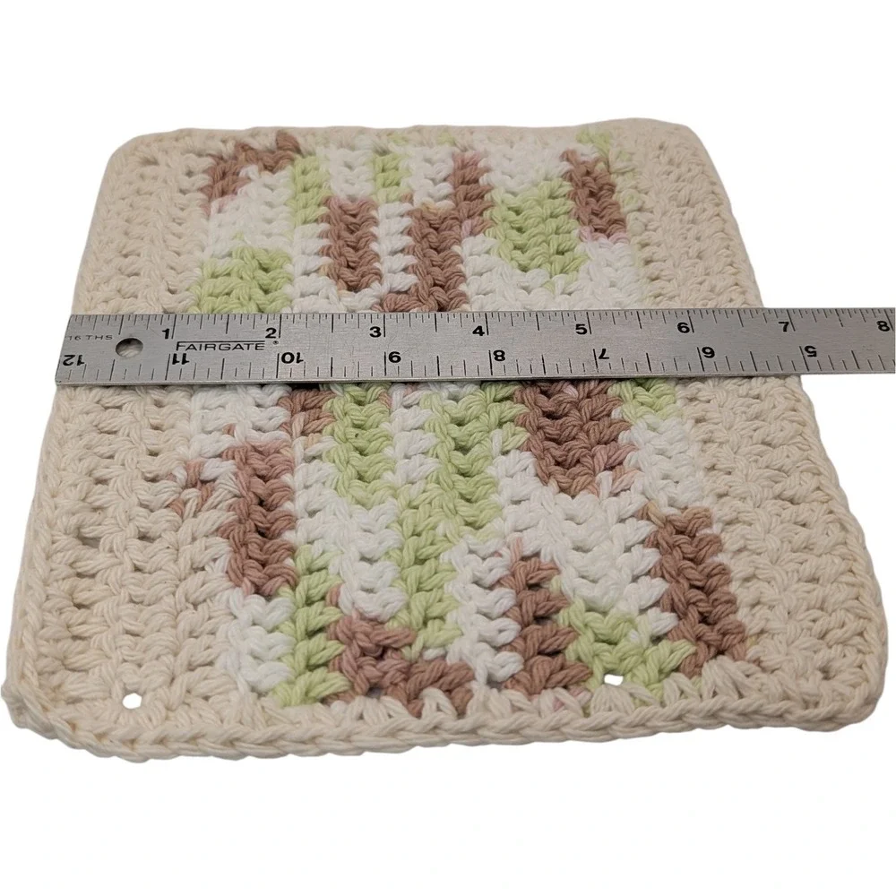 New Handmade Crocheted Potholders Hot Pads Cotton‎ Tan Blue Green Set of Three